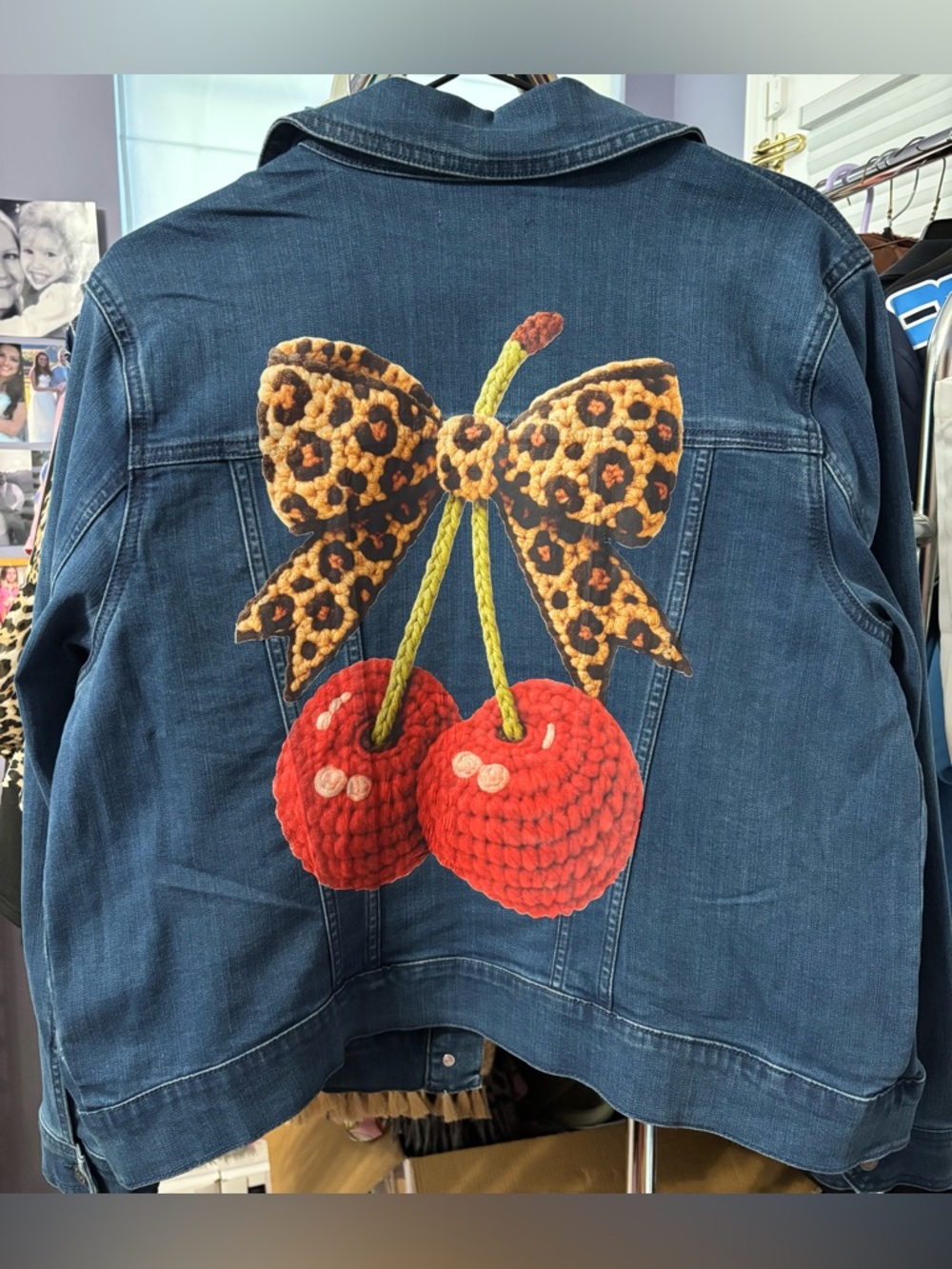 Isaac Mizrahi Almost New Denim Jacket w/ Red Cherry & Leopard Bow Size 14